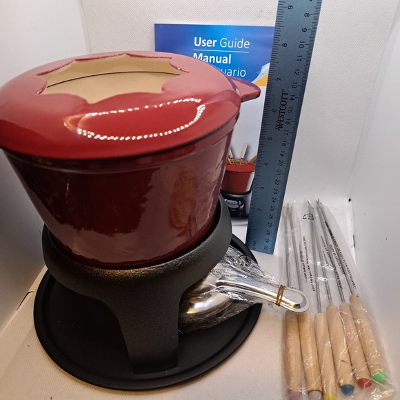 New Crofton HEAVY DUTY & LARGE PARTY Cast Iron Fondue 11 Piece Set Red - Picture 1 of 7